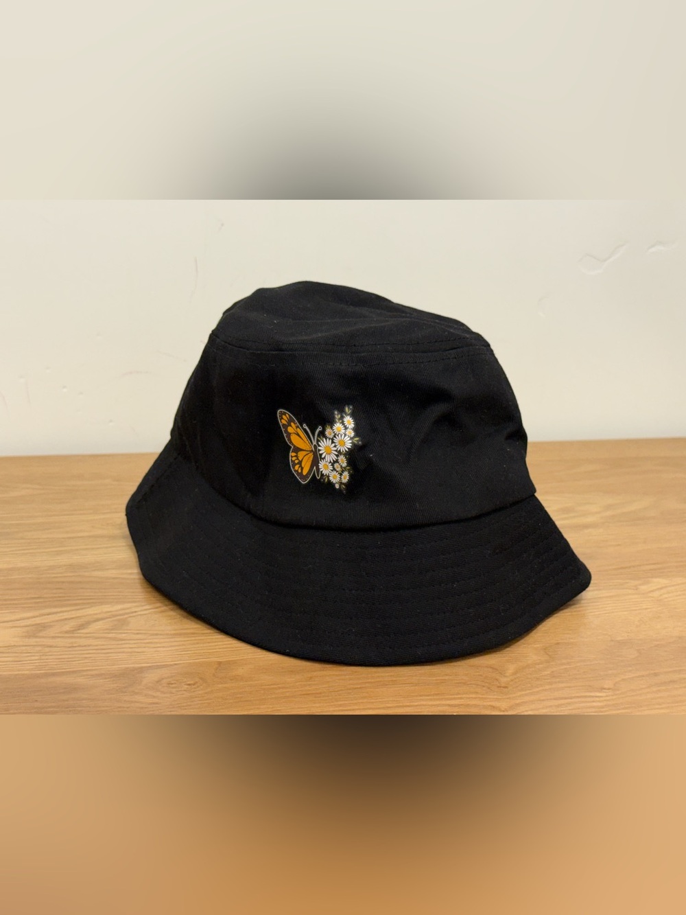Black Bucket Hat with Orange Butterfly & White Daisy Design